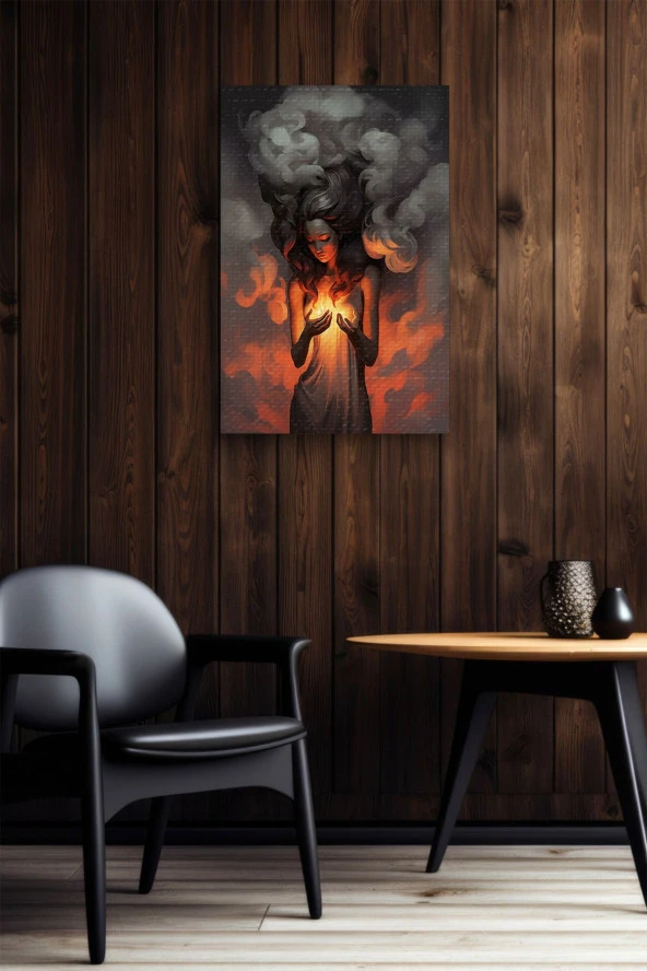 Alev ve Dumanlar İçerisindeki Kadın Yağlı Kanvas Tablo - Resim 6