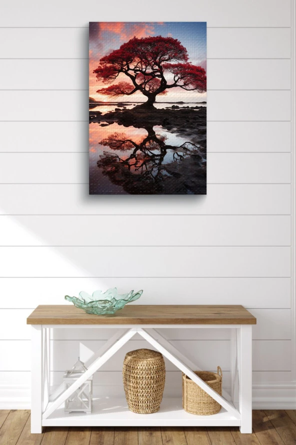 Su'ya Yansıyan Turuncu Büyük Ağaç Yağlı Kanvas Tablo - Resim 2