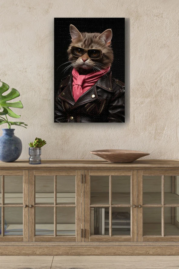 Modern Kahverengi Gözlüklü Kedi Yağlı Kanvas Tablo ürün görseli