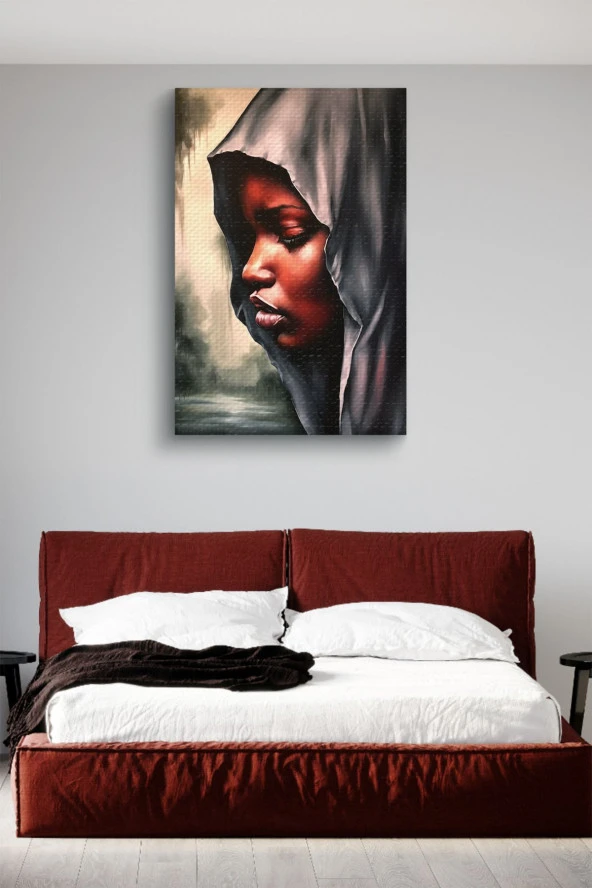 Gri Kapşonlu Afrikalı Kadın Yağlı Kanvas Tablo - Resim 2