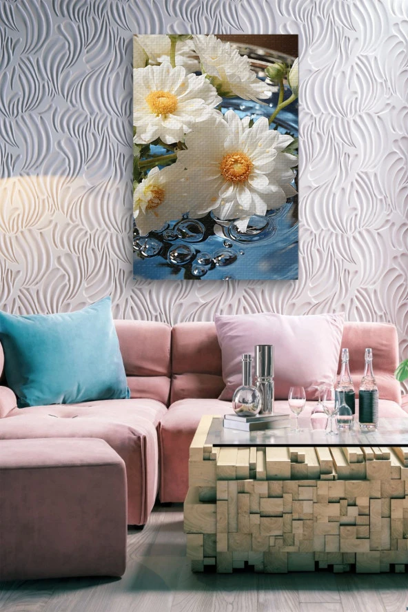 Su Üzerindeki Sarı Detaylı Papatyalar Yağlı Kanvas Tablo - Resim 6