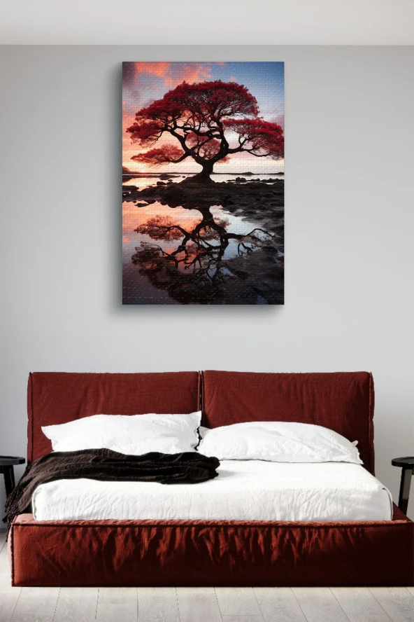 Su'ya Yansıyan Turuncu Büyük Ağaç Yağlı Kanvas Tablo - Resim 3