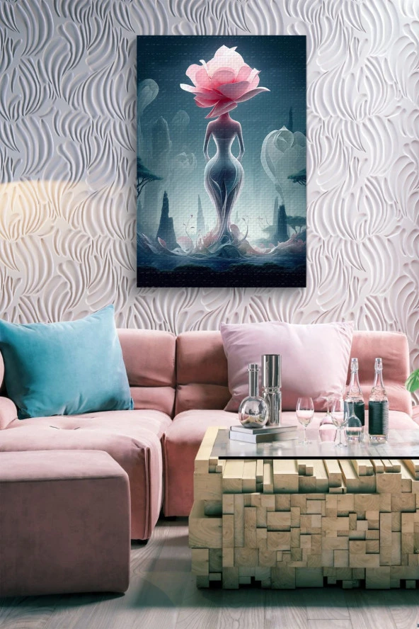 Pembe Çiçek Detaylı Realistik Çizim Kadın Yağlı Kanvas Tablo - Resim 4