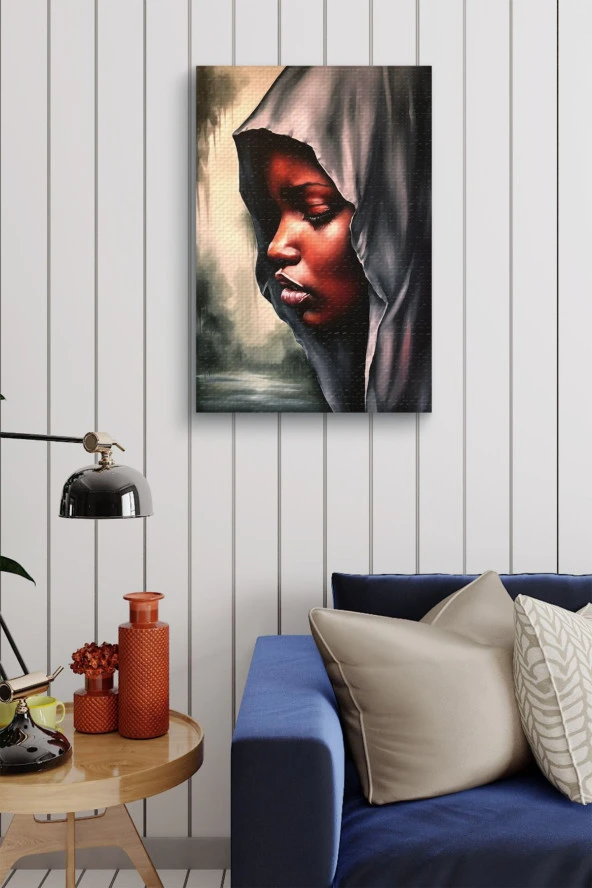 Gri Kapşonlu Afrikalı Kadın Yağlı Kanvas Tablo - Resim 3