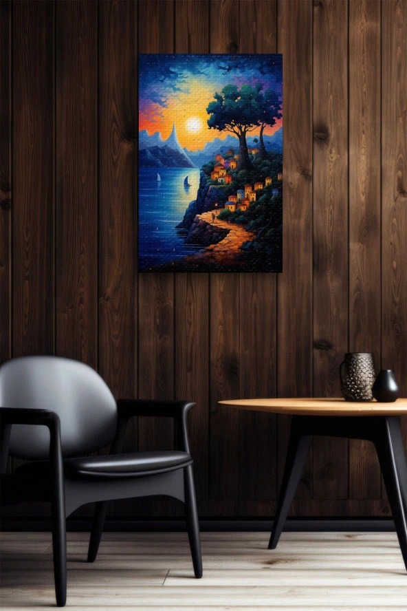 Gün Batımı Detaylı Tepedeki Evler Yağlı Kanvas Tablo - Resim 5