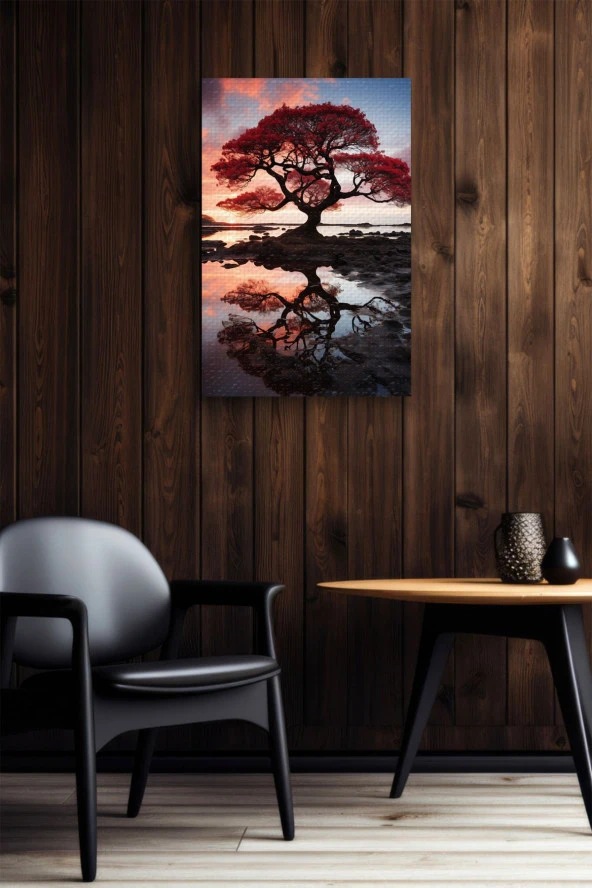 Su'ya Yansıyan Turuncu Büyük Ağaç Yağlı Kanvas Tablo - Resim 6