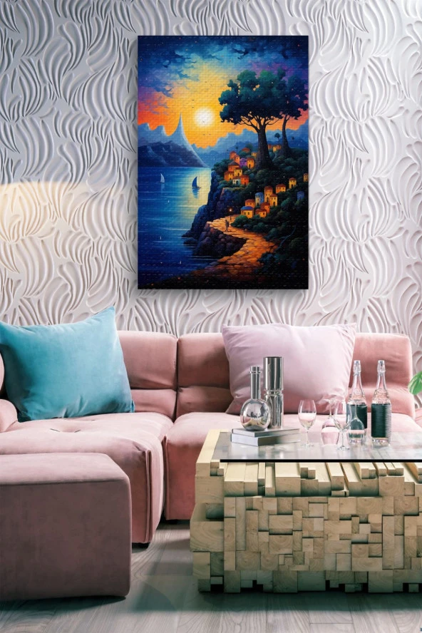 Gün Batımı Detaylı Tepedeki Evler Yağlı Kanvas Tablo - Resim 6