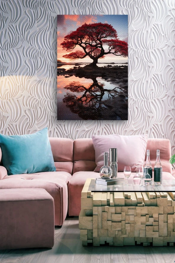 Su'ya Yansıyan Turuncu Büyük Ağaç Yağlı Kanvas Tablo - Resim 7