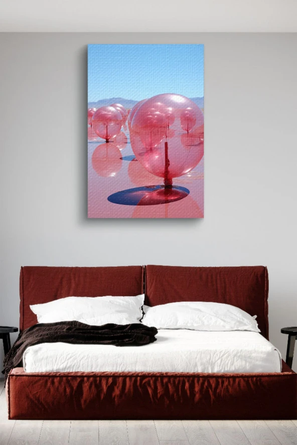 Tuz Gölü Üzerindeki Pembemsi Şeffaf Balonsu Toplar Yağlı Kanvas Tablo - Resim 3