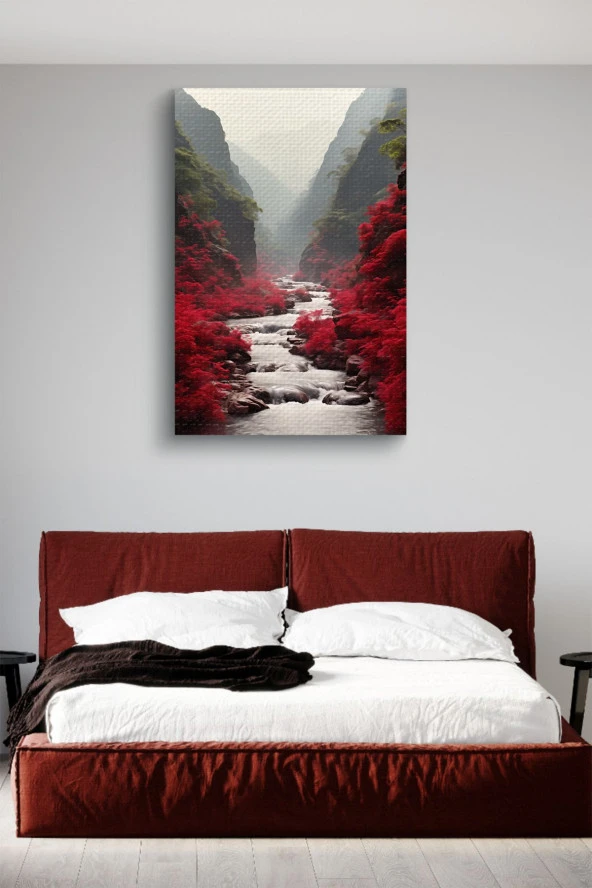 Kırmızı Çiçekler Arasındaki Akarsu Yağlı Kanvas Tablo - Resim 3