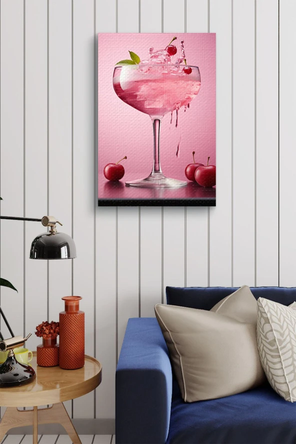 Pembe Kiraz Detaylı Kokteyl Yağlı Kanvas Tablo - Resim 4