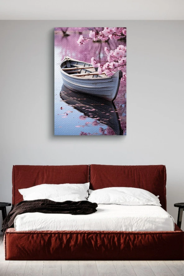 Pembe Çiçek Detaylı Kayık Yağlı Kanvas Tablo - Resim 3