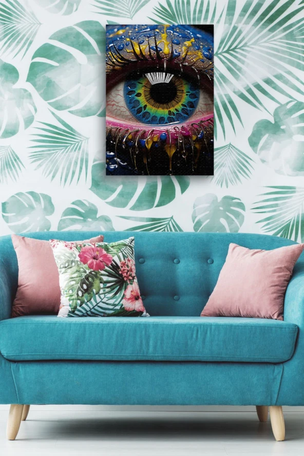 Etrafı Rengarenk Boyalar İle Kaplı Renkli Göz Yağlı Kanvas Tablo - Resim 5