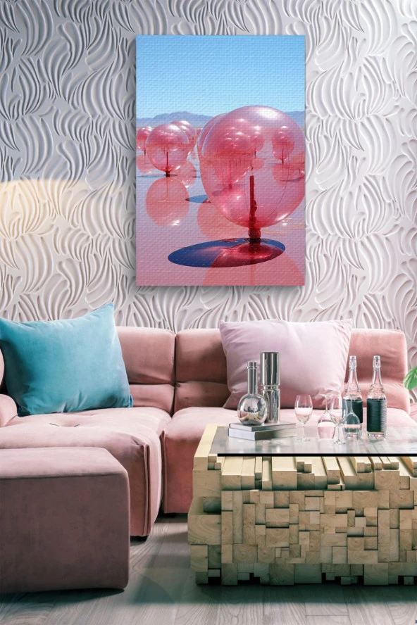 Tuz Gölü Üzerindeki Pembemsi Şeffaf Balonsu Toplar Yağlı Kanvas Tablo - Resim 6