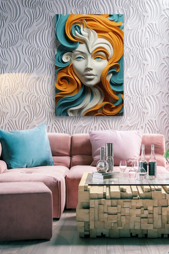 Turuncu-Mavi Saçlı Beyaz Kadın Yağlı Kanvas Tablo - Resim 5