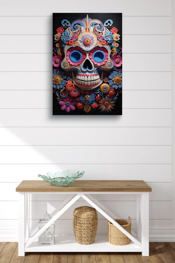 Rengarenk Boyalar İçerisindeki Kuru Kafa Yağlı Kanvas Tablo - Resim 2