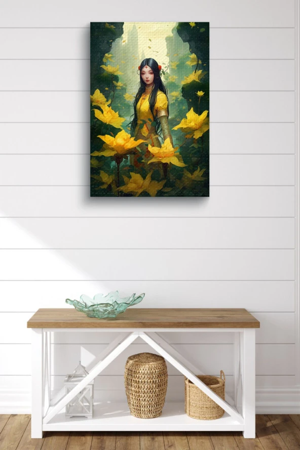 Sarı Çiçekler Arasındaki Uzak Doğulu Kız Yağlı Kanvas Tablo - Resim 2