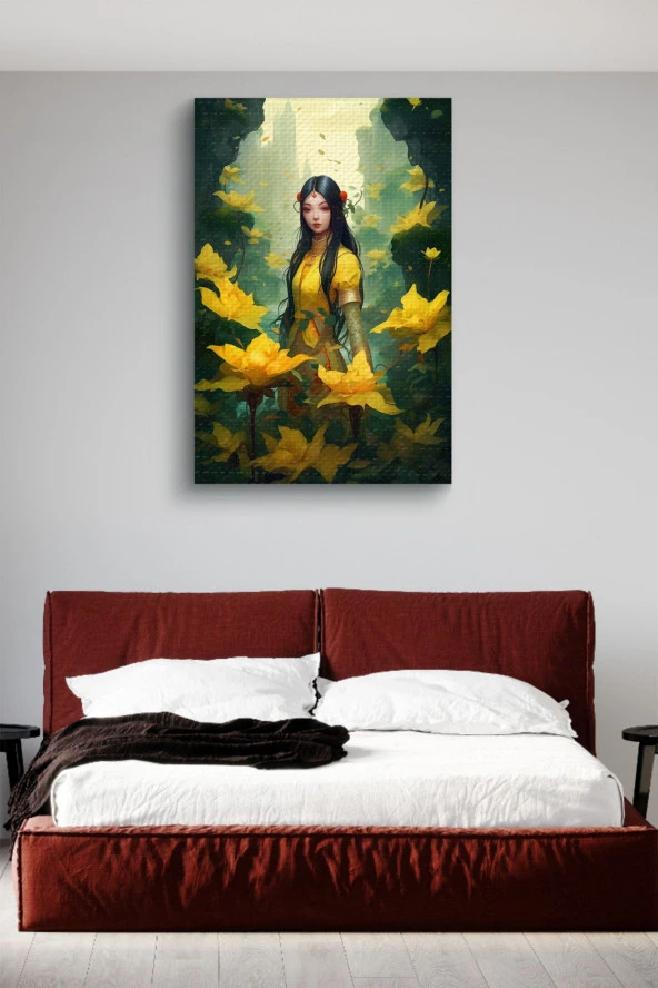 Sarı Çiçekler Arasındaki Uzak Doğulu Kız Yağlı Kanvas Tablo - Resim 3