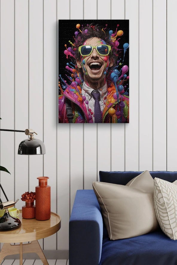 Rengarenk Boyalar İçerisindeki Gülen Adam Yağlı Kanvas Tablo - Resim 4