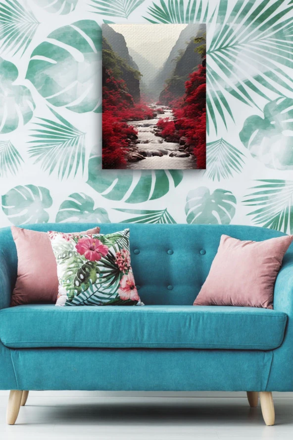 Kırmızı Çiçekler Arasındaki Akarsu Yağlı Kanvas Tablo - Resim 5