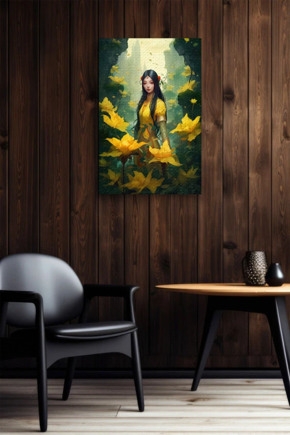 Sarı Çiçekler Arasındaki Uzak Doğulu Kız Yağlı Kanvas Tablo - Resim 5