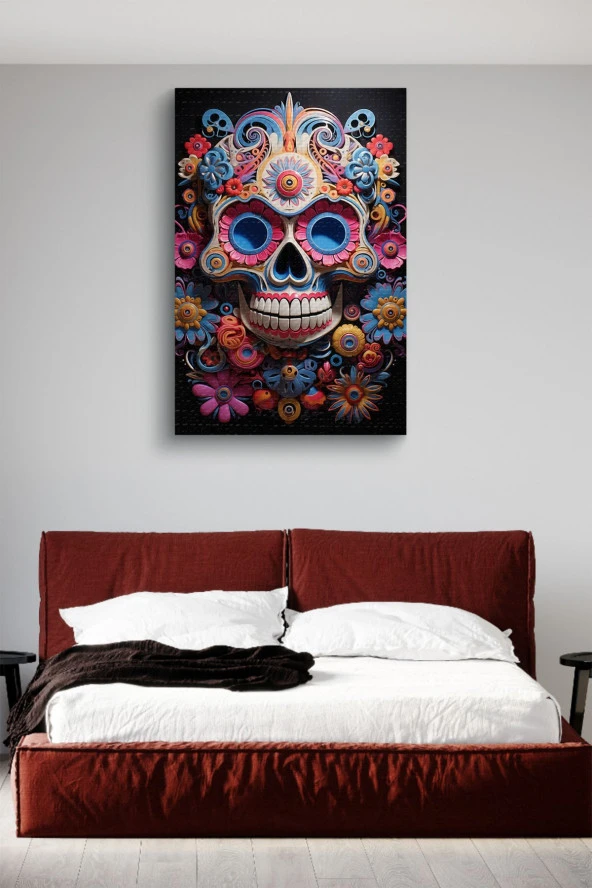 Rengarenk Boyalar İçerisindeki Kuru Kafa Yağlı Kanvas Tablo - Resim 3