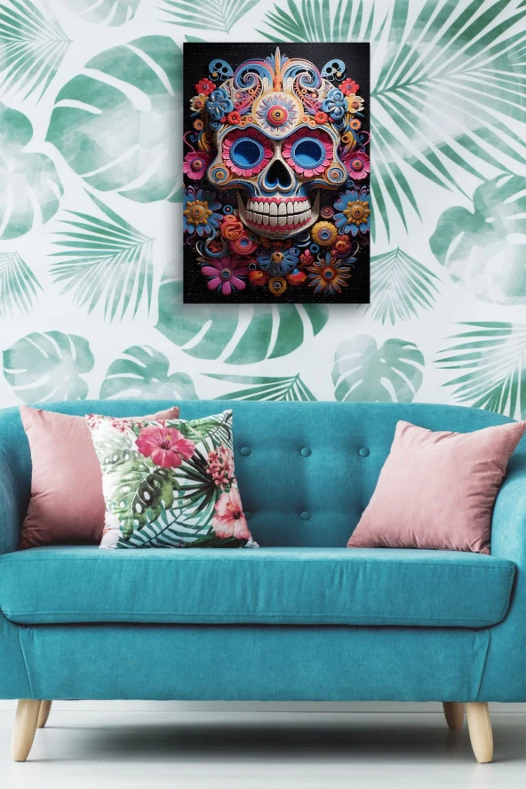 Rengarenk Boyalar İçerisindeki Kuru Kafa Yağlı Kanvas Tablo - Resim 5