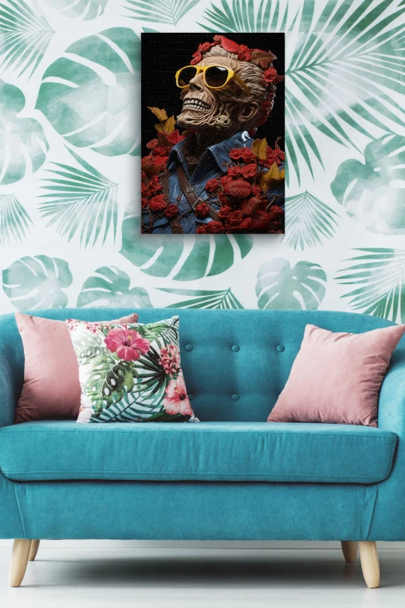 Kırmızı Çiçekler İçerisindeki Gülen Kuru Kafa Yağlı Kanvas Tablo - Resim 4