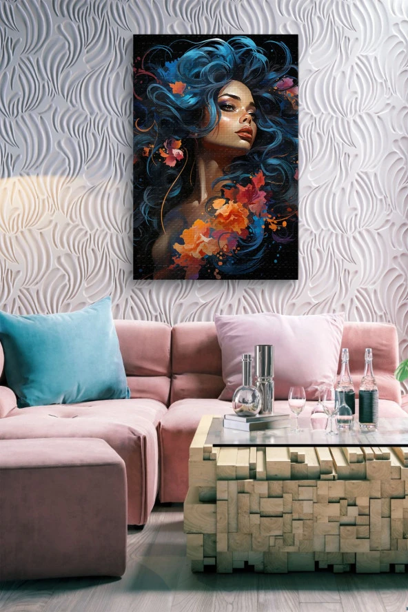 Mavi Saçlı Dalgalı Kadın Yağlı Kanvas Tablo - Resim 7