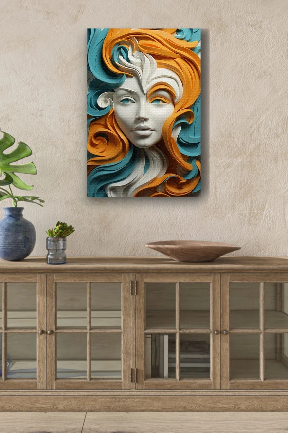 Turuncu-Mavi Saçlı Beyaz Kadın Yağlı Kanvas Tablo ürün görseli