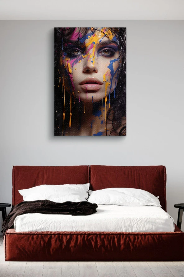 Saçlarındn Rengarenk Boyalar Akan Kadın Yağlı Kanvas Tablo - Resim 3