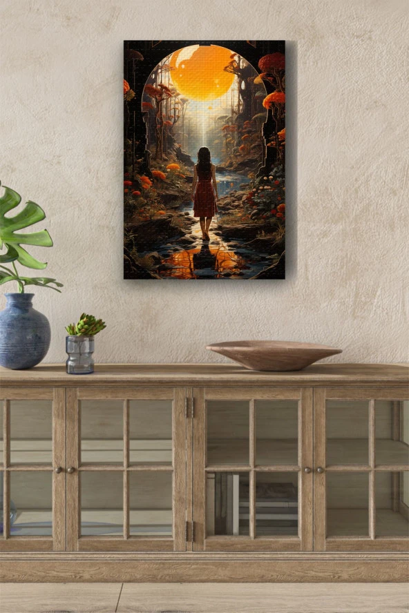 Güneşin Doğuşuna Bakan Kız Tasarım Yağlı Kanvas Tablo ürün görseli