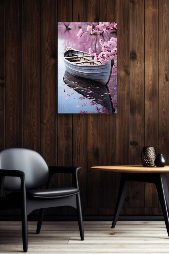 Pembe Çiçek Detaylı Kayık Yağlı Kanvas Tablo - Resim 6