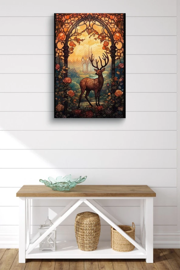 Çiçekler ve Kubizm Geyik Yağlı Kanvas Tablo - Resim 2