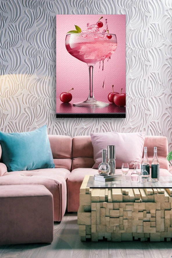 Pembe Kiraz Detaylı Kokteyl Yağlı Kanvas Tablo - Resim 7