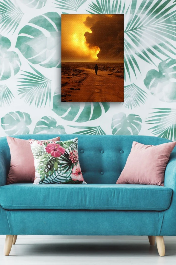 Çöl Bulutlarına Doğru Yürüyen Adam Yağlı Kanvas Tablo - Resim 4