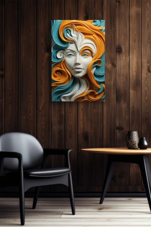 Turuncu-Mavi Saçlı Beyaz Kadın Yağlı Kanvas Tablo - Resim 4