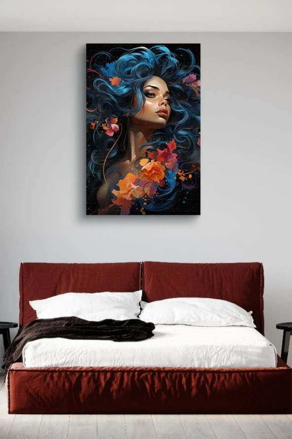 Mavi Saçlı Dalgalı Kadın Yağlı Kanvas Tablo - Resim 3