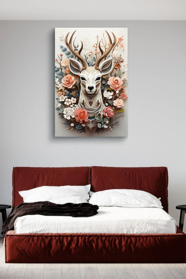 Beyaz Arka Planlı Çiçekler İçerisindeki Geyik Yağlı Kanvas Tablo - Resim 2