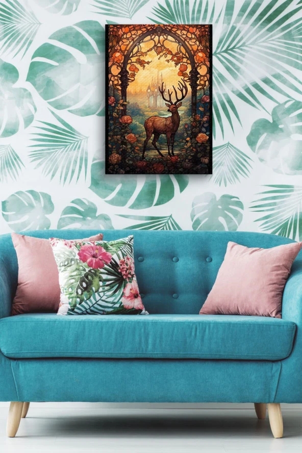 Çiçekler ve Kubizm Geyik Yağlı Kanvas Tablo - Resim 5