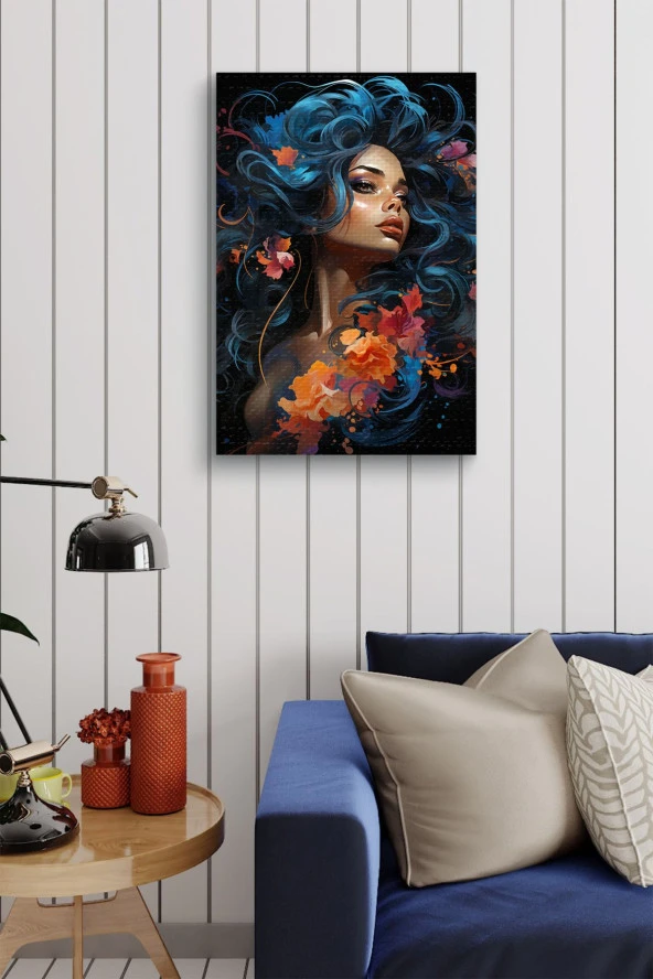 Mavi Saçlı Dalgalı Kadın Yağlı Kanvas Tablo - Resim 4