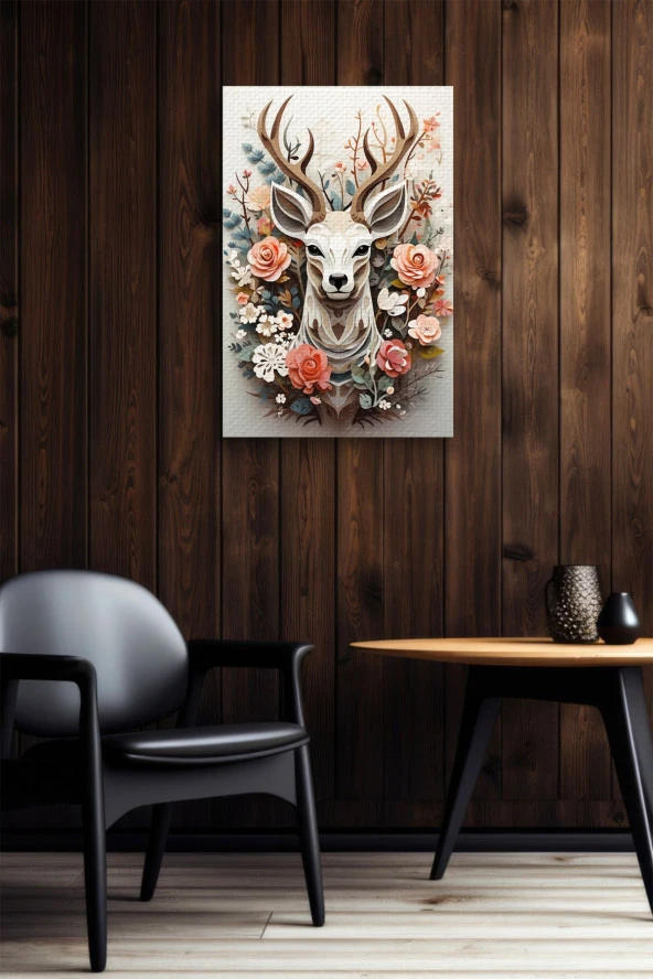 Beyaz Arka Planlı Çiçekler İçerisindeki Geyik Yağlı Kanvas Tablo - Resim 4