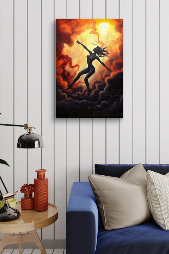 Bulutlar Arasındaki Kadın Silüeti Çizim Yağlı Kanvas Tablo - Resim 4