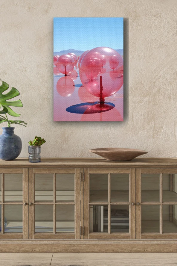 Tuz Gölü Üzerindeki Pembemsi Şeffaf Balonsu Toplar Yağlı Kanvas Tablo ürün görseli