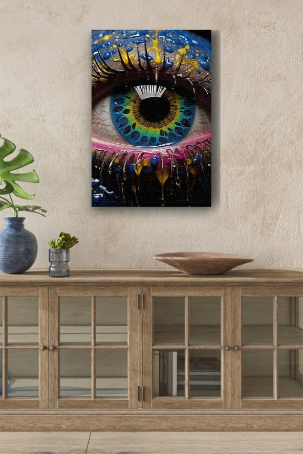 Etrafı Rengarenk Boyalar İle Kaplı Renkli Göz Yağlı Kanvas Tablo ürün görseli