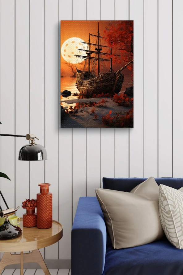 Gün Batımına Karşı Karadaki Gemi Resmi Yağlı Kanvas Tablo - Resim 3