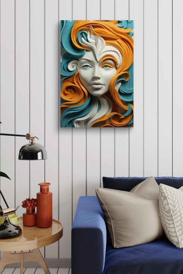 Turuncu-Mavi Saçlı Beyaz Kadın Yağlı Kanvas Tablo - Resim 3