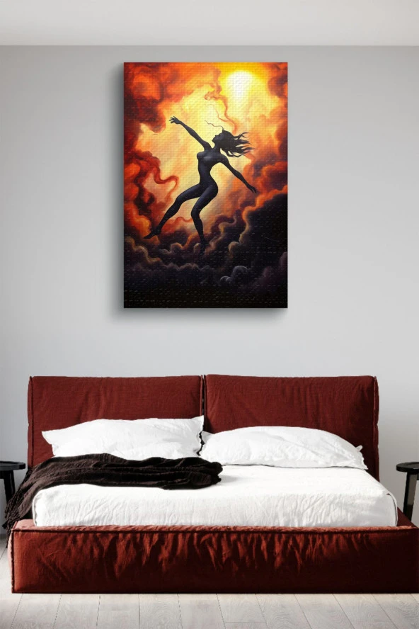 Bulutlar Arasındaki Kadın Silüeti Çizim Yağlı Kanvas Tablo - Resim 3