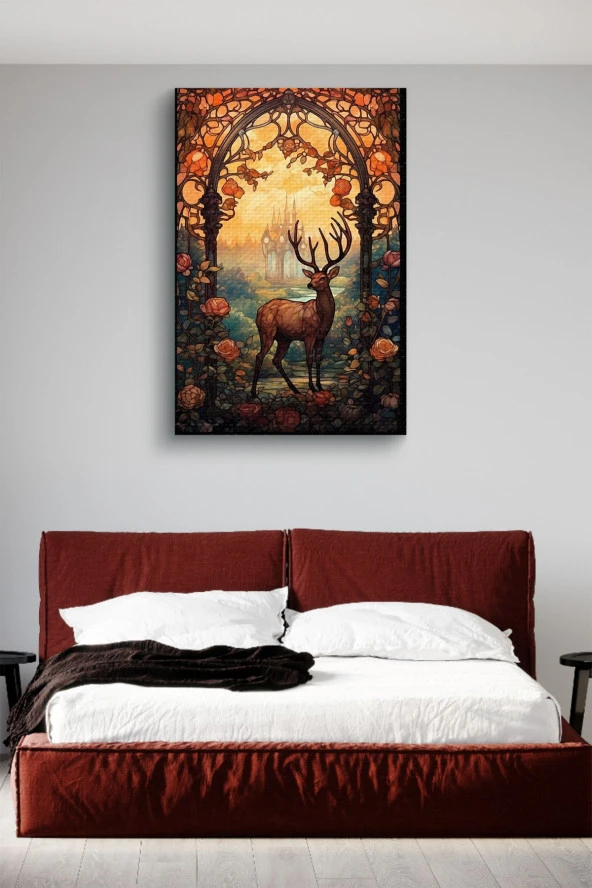 Çiçekler ve Kubizm Geyik Yağlı Kanvas Tablo - Resim 3