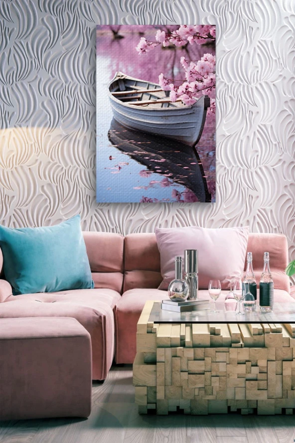 Pembe Çiçek Detaylı Kayık Yağlı Kanvas Tablo - Resim 7